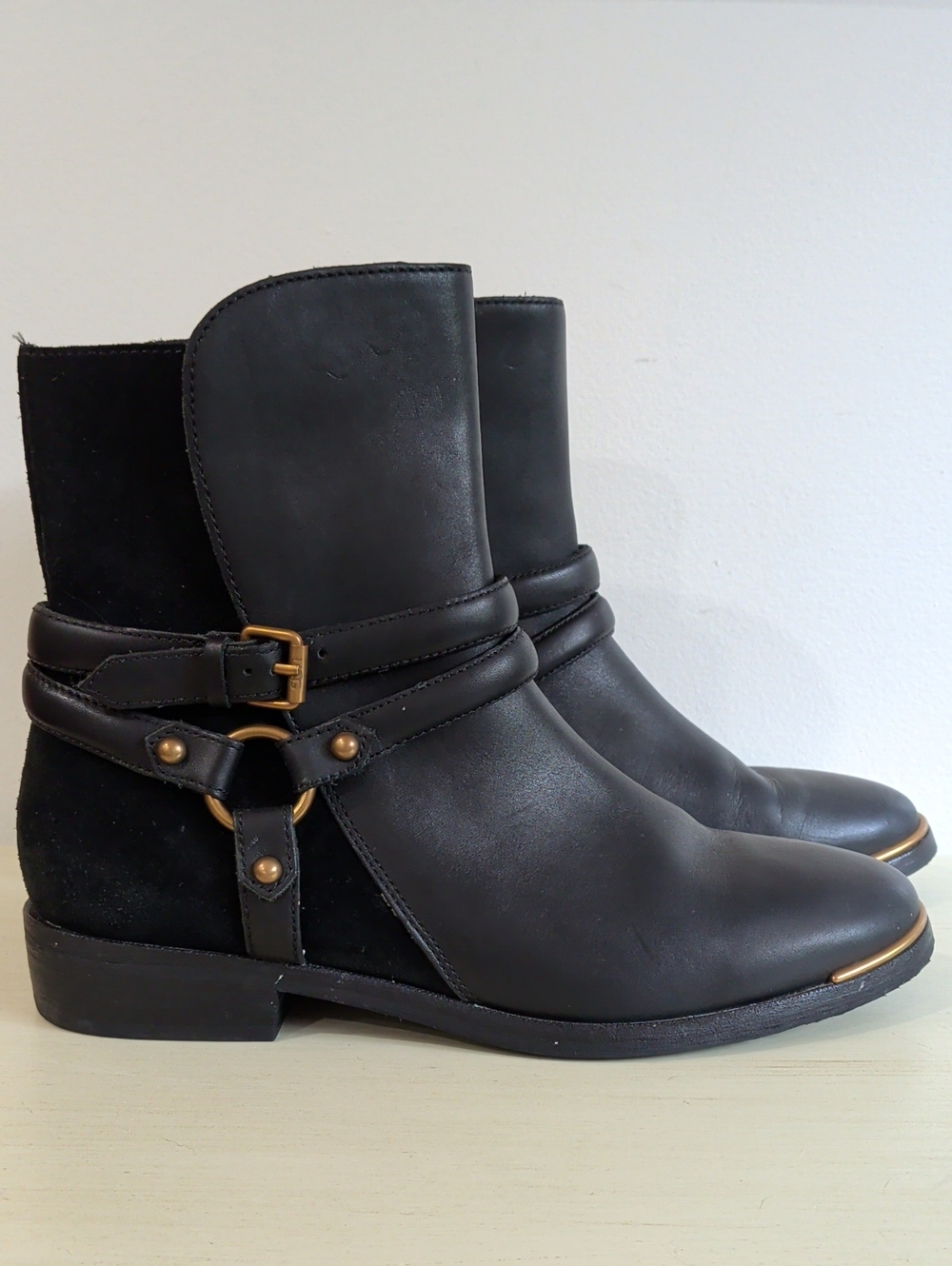 UGG Black Leather And Suede Ankle Boots with Gold Hardware Size 7.5